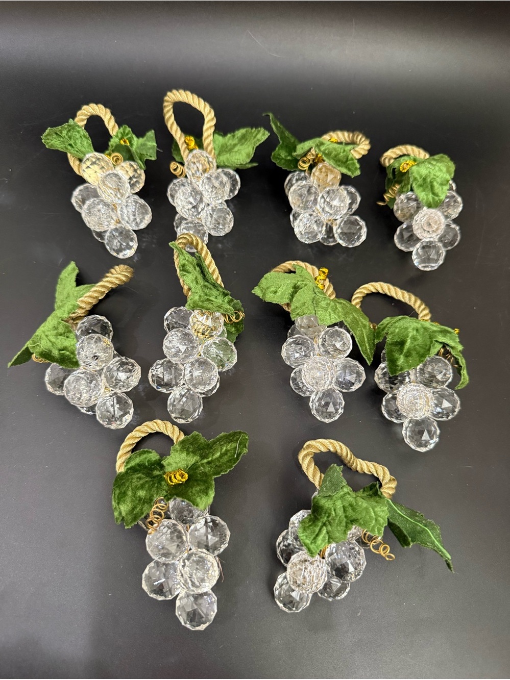 Lot 10 MCM Vintage Clear Acrylic Lucite Grape Bunch Vine Napkin Rings
